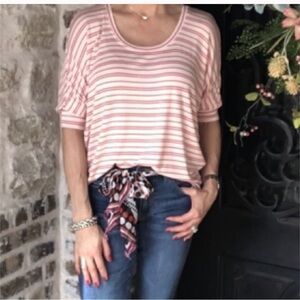 CABI Tickled oversized pink-cream striped woman’s oversized stretch top. X-SMALL